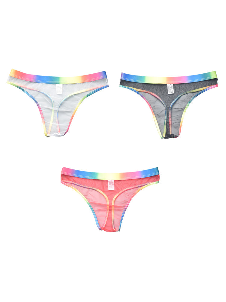 3-pack Men's Rainbow Trim Sheer Mesh Thong | dmunderwear detail image 2