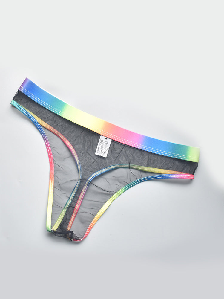 3-pack Men's Rainbow Trim Sheer Mesh Thong | dmunderwear detail image 3