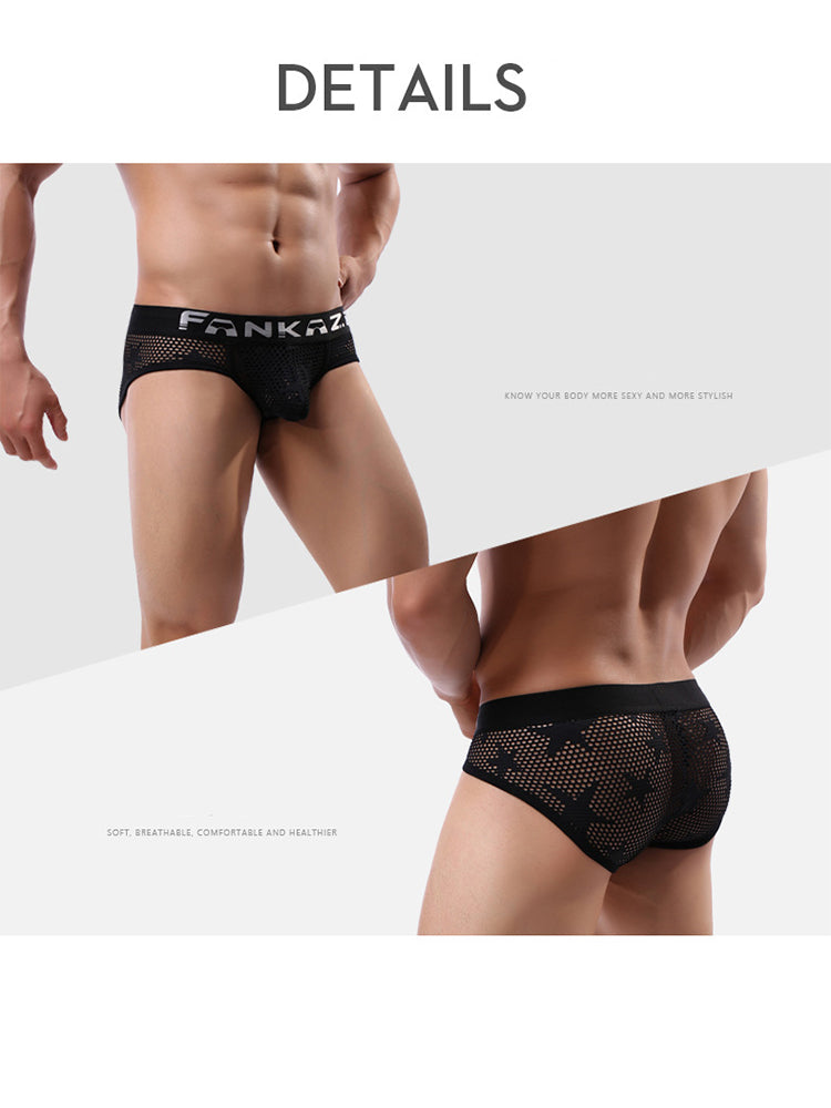 3-pack Men's Sexy Star Mesh Breathable Hollow U-shaped Convex Pouch Briefs | dmunderwear detail image 14