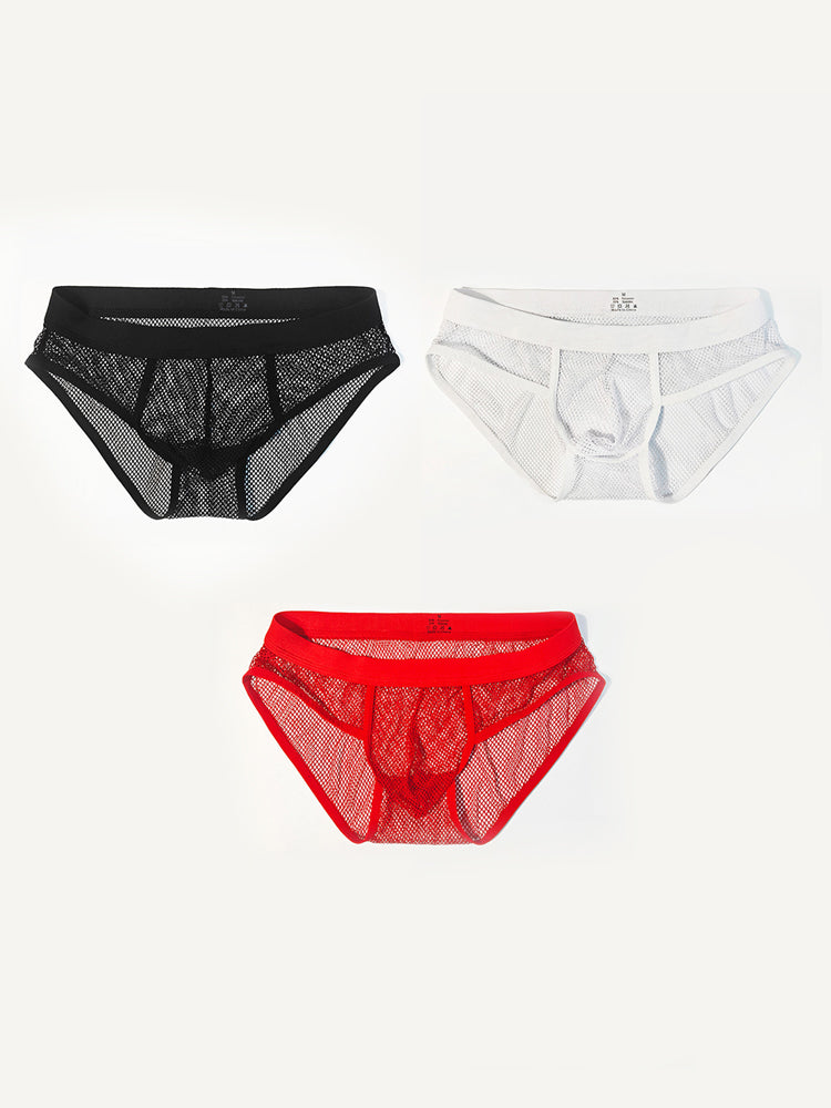 3 Pack Men's Sheer Elegance Mesh Solid Color Low-Rise Stretch Briefs | dmunderwear detail image 2