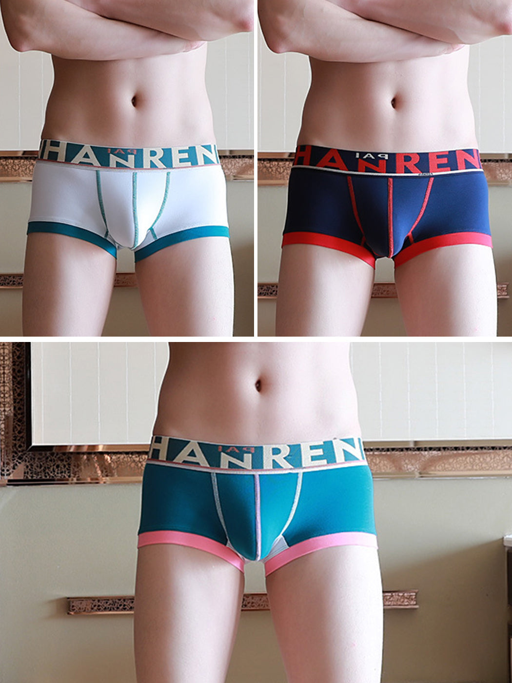 3 Pack Men's Spliced Color Breathable Cotton Trunks | dmunderwear detail image 14