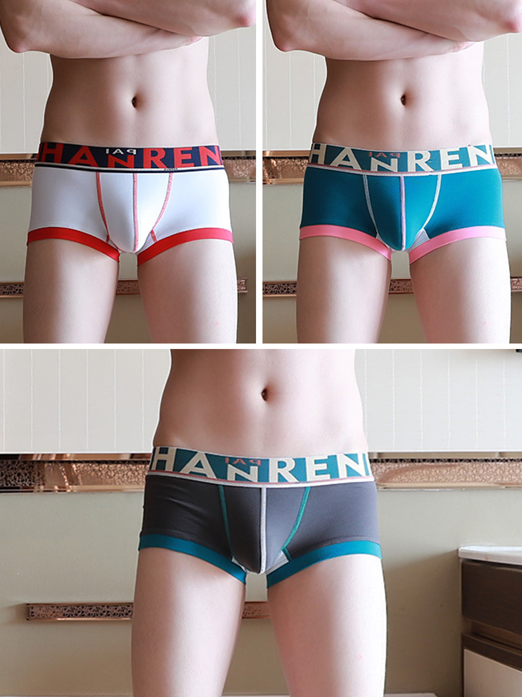 3 Pack Men's Spliced Color Breathable Cotton Trunks | dmunderwear detail image 15
