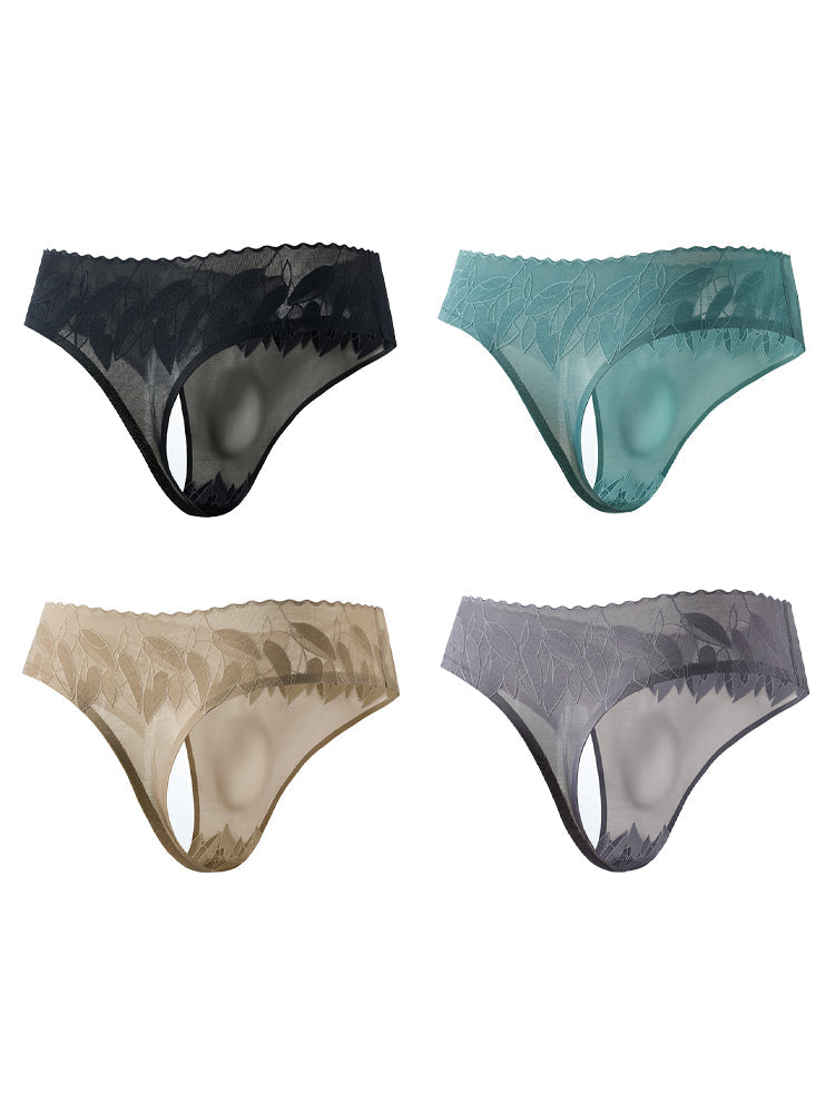 4 Pack Men's High-Stretch & Low-Rise Lace Trim Large Pouch Thongs | dmunderwear detail image 14