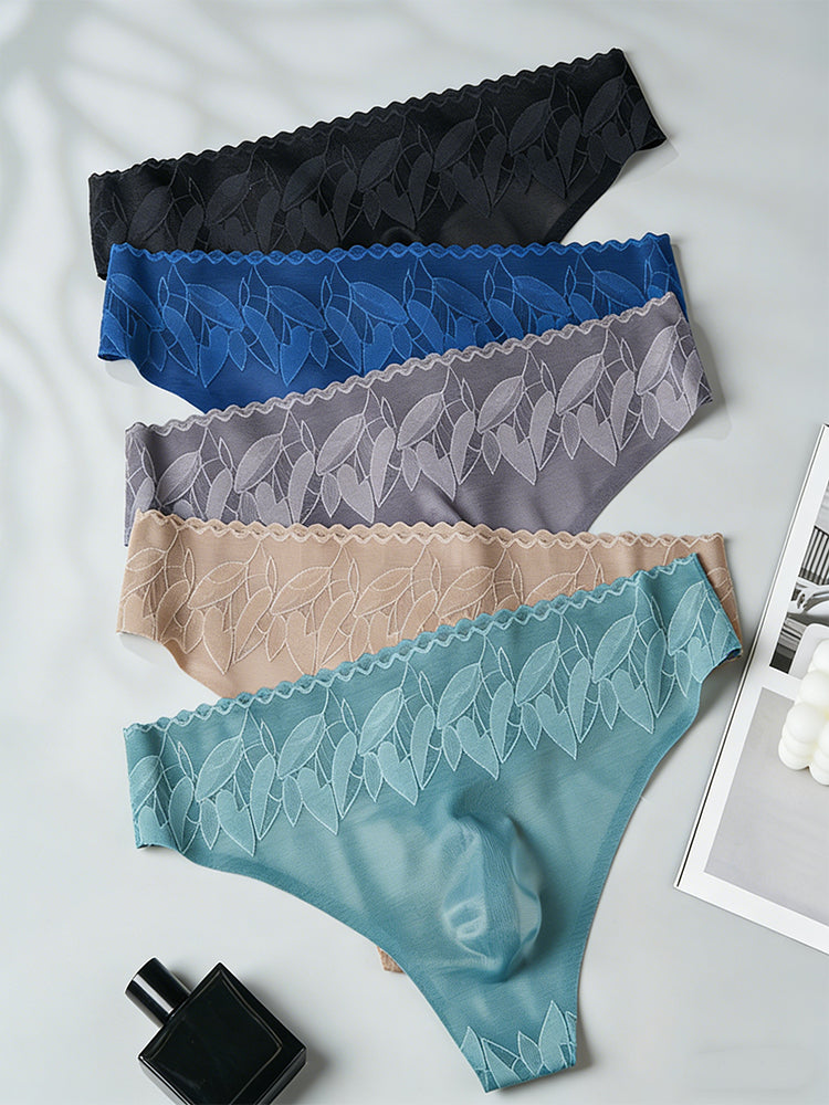 4 Pack Men's High-Stretch & Low-Rise Lace Trim Large Pouch Thongs | dmunderwear detail image 16