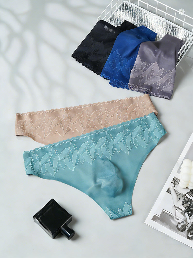 4 Pack Men's High-Stretch & Low-Rise Lace Trim Large Pouch Thongs | dmunderwear detail image 18