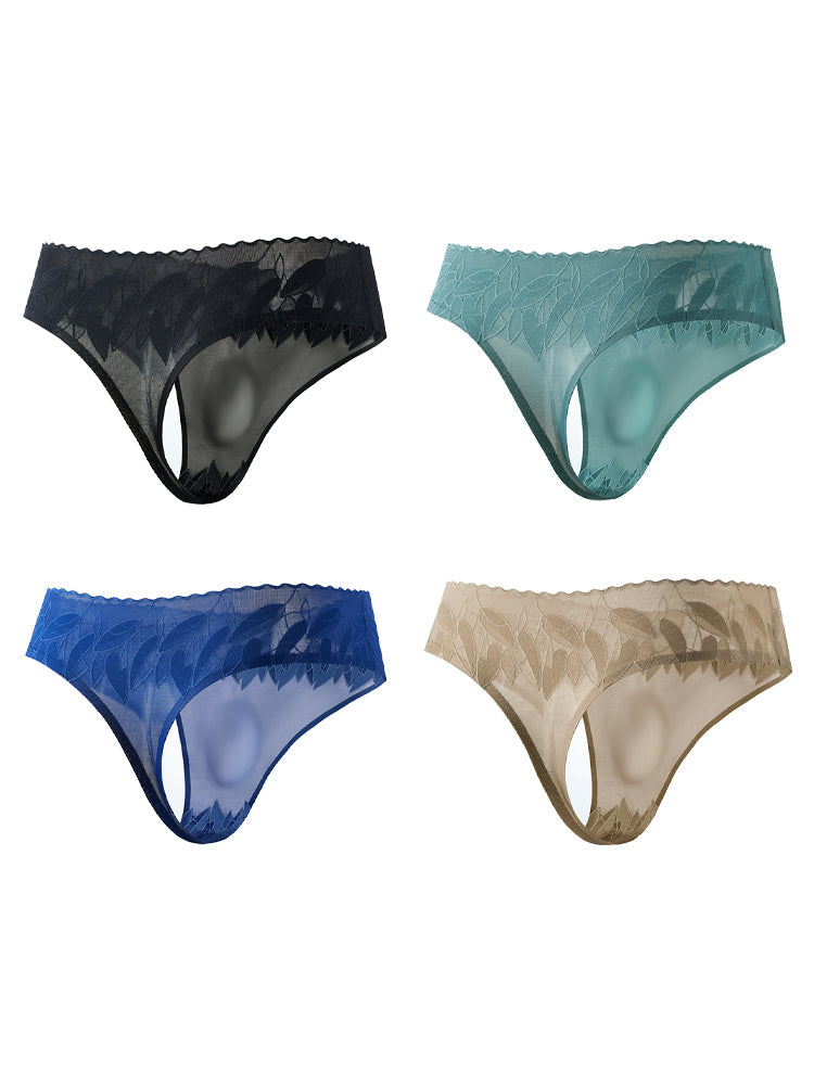 4 Pack Men's High-Stretch & Low-Rise Lace Trim Large Pouch Thongs | dmunderwear detail image 2