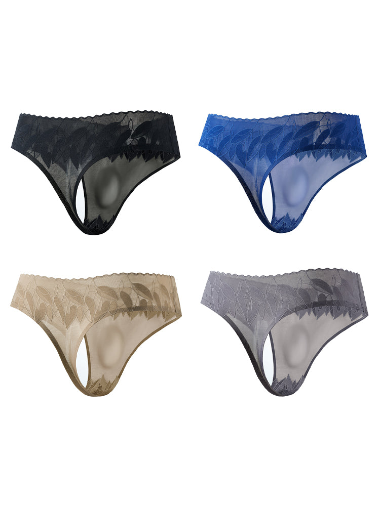 4 Pack Men's High-Stretch & Low-Rise Lace Trim Large Pouch Thongs | dmunderwear detail image 20