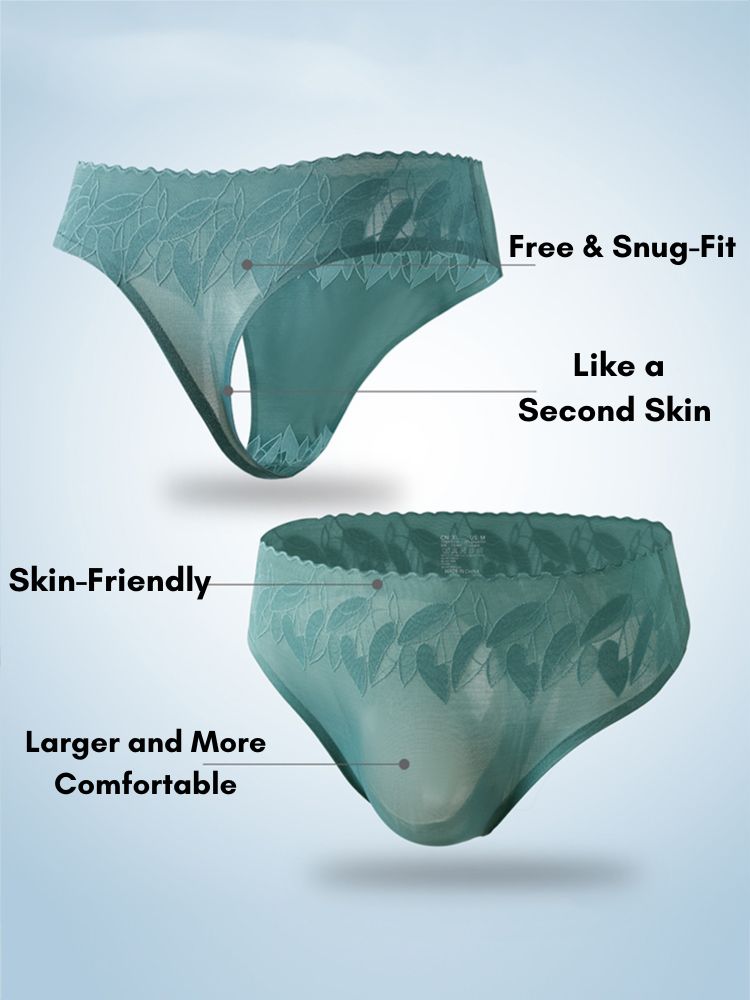4 Pack Men's High-Stretch & Low-Rise Lace Trim Large Pouch Thongs | dmunderwear detail image 3