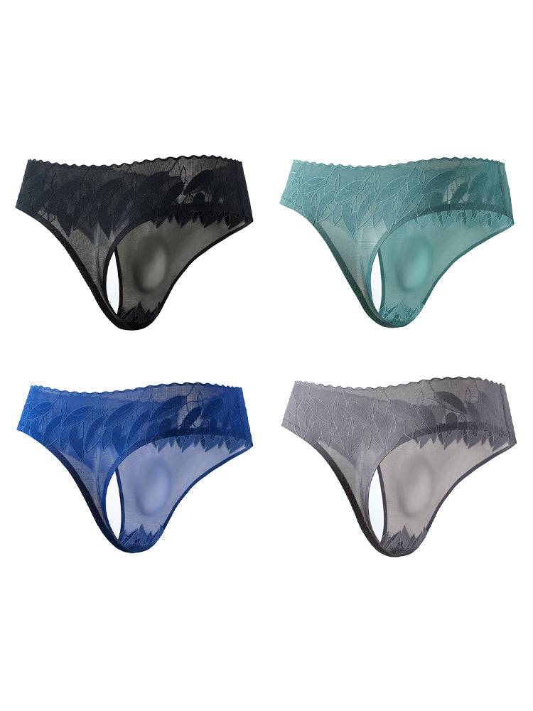 4 Pack Men's High-Stretch & Low-Rise Lace Trim Large Pouch Thongs | dmunderwear detail image 8