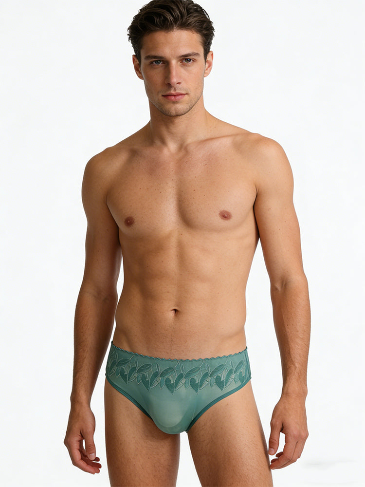 4 Pack Men's High-Stretch & Low-Rise Lace Trim Large Pouch Thongs | dmunderwear detail image 9