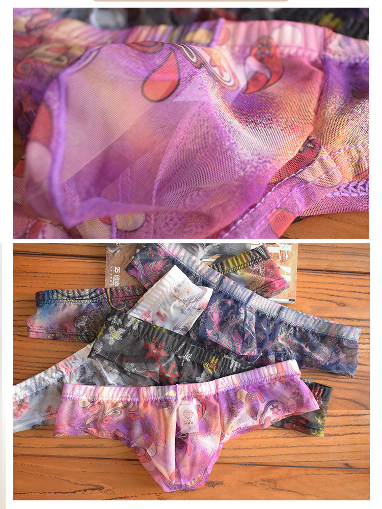 4-pack Men's Lace Print Sheer Mesh Bohemian Boxer Briefs | dmunderwear detail image 4