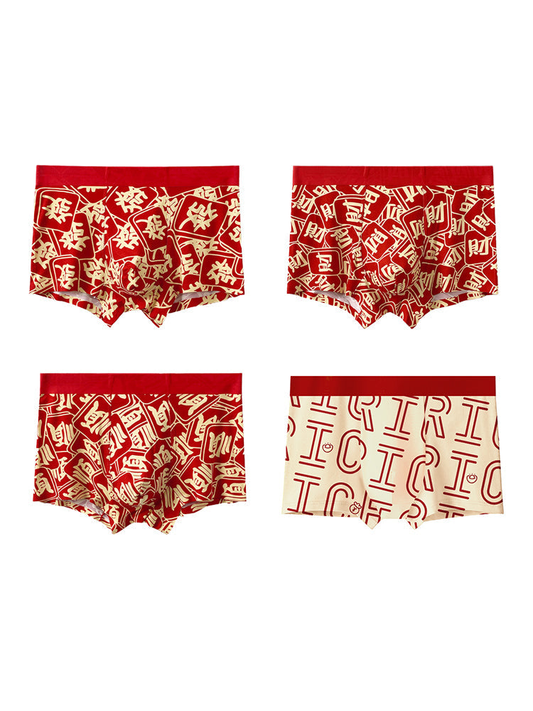 4 Pack Men's Soft Jacquard Cotton Lucky Red Breathable Trunks | dmunderwear detail image 12