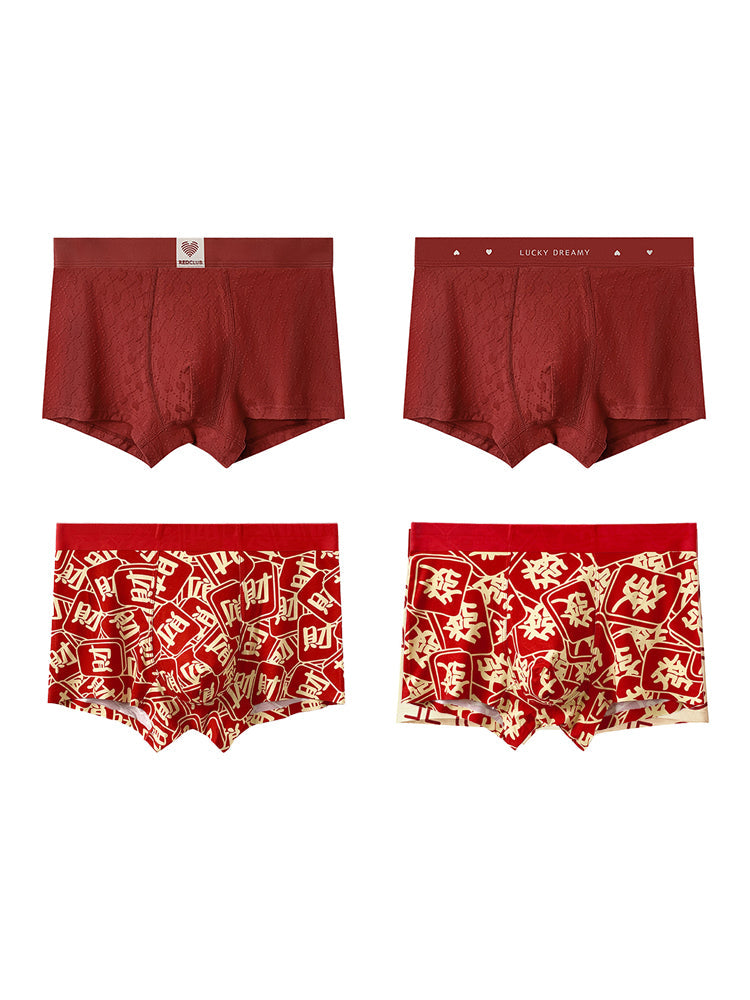 4 Pack Men's Soft Jacquard Cotton Lucky Red Breathable Trunks | dmunderwear detail image 17