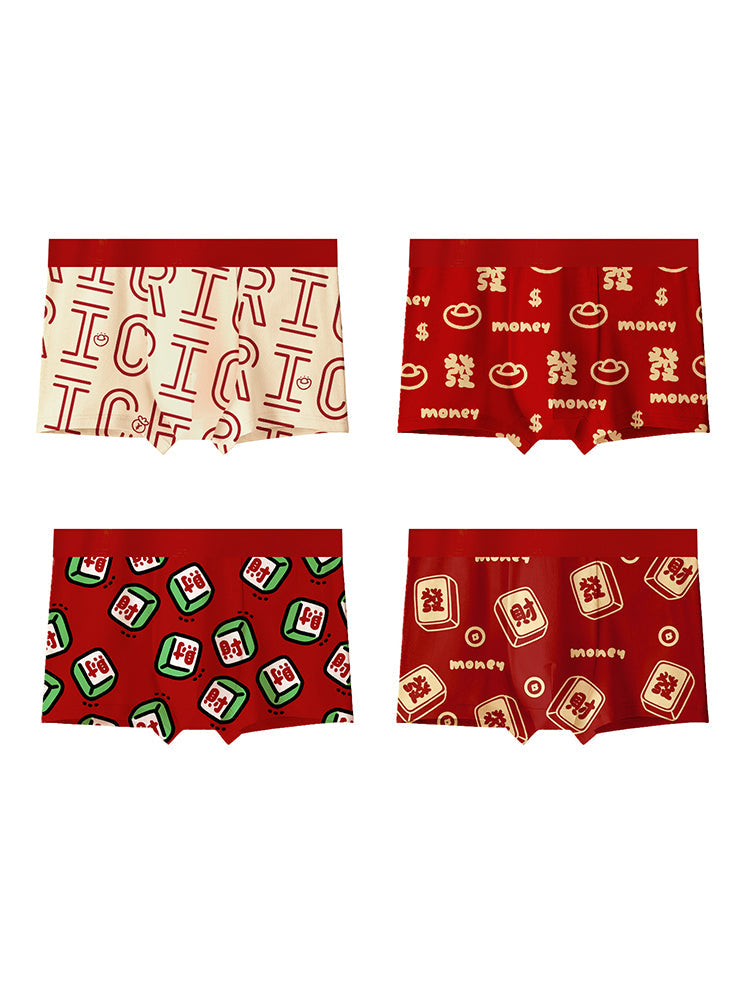 4 Pack Men's Soft Jacquard Cotton Lucky Red Breathable Trunks | dmunderwear detail image 7