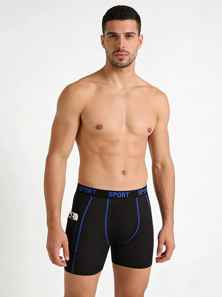 4 Pack Men's Workout Side Pocket Breathable Mid-Length Training Stretch Boxers Briefs | dmunderwear