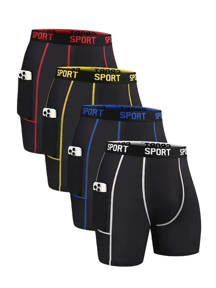 4 Pack Men's Workout Side Pocket Breathable Mid-Length Training Stretch Boxers Briefs | dmunderwear detail image 2