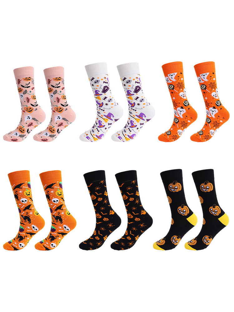 4 Pairs Pumpkin Personality Skeleton Cartoon Trendy Cotton Crew Socks | dmunderwear