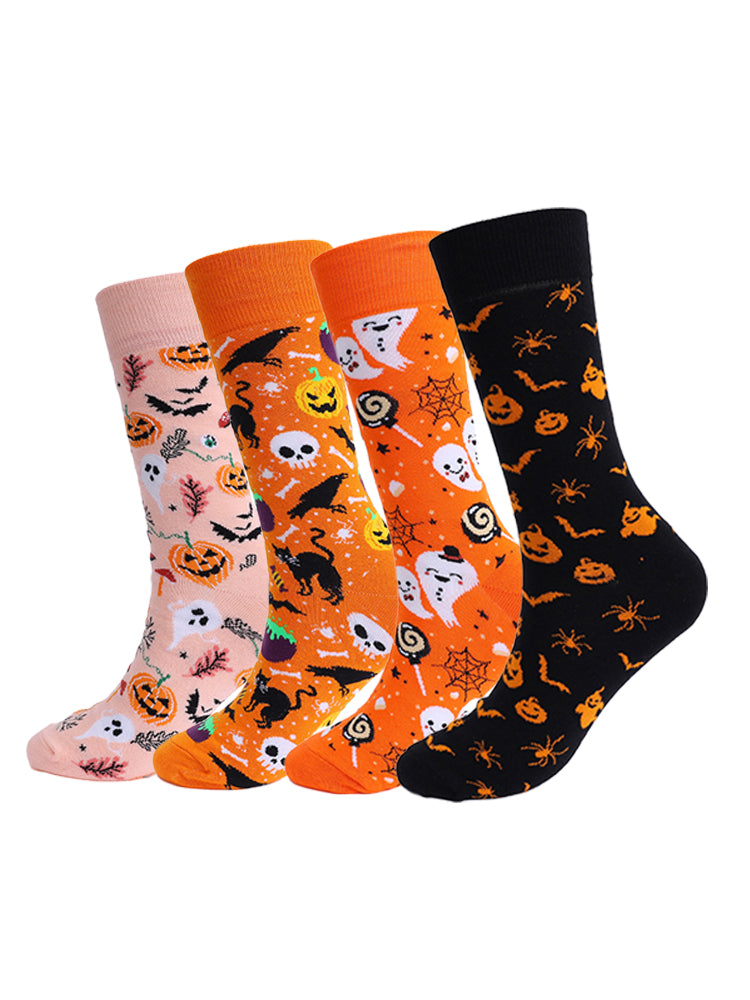 4 Pairs Pumpkin Personality Skeleton Cartoon Trendy Cotton Crew Socks | dmunderwear detail image 2