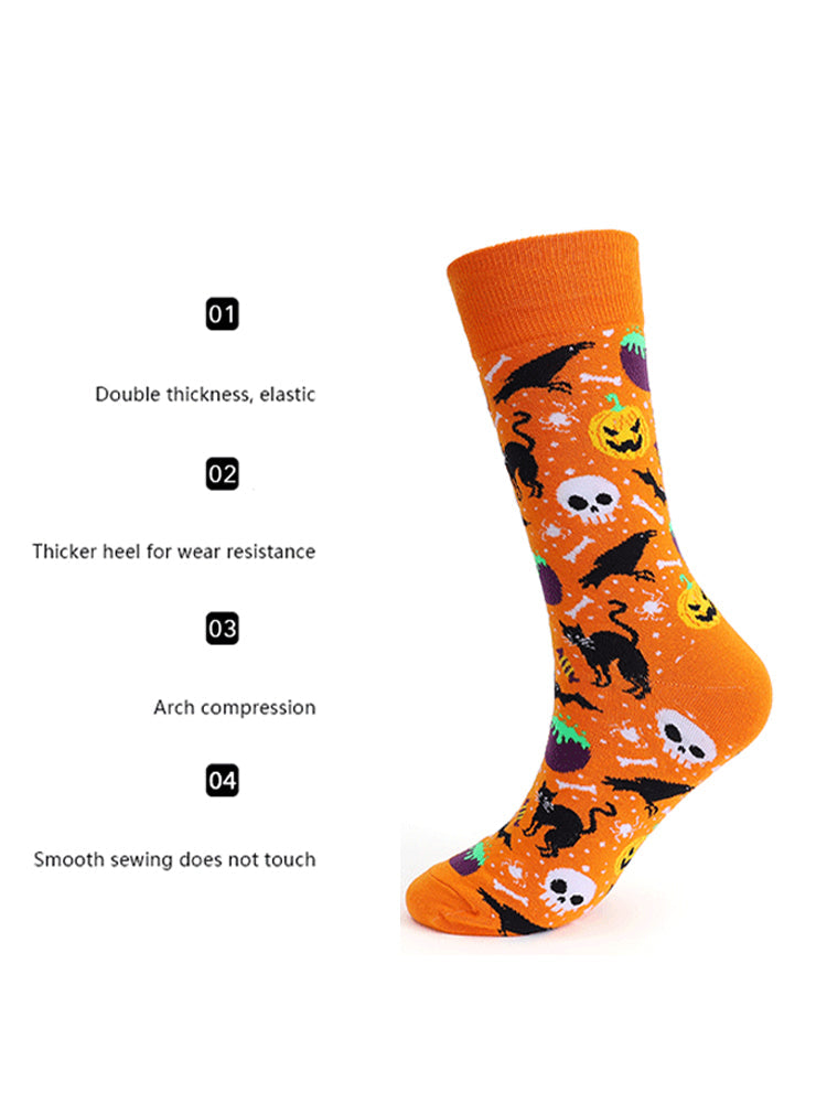 4 Pairs Pumpkin Personality Skeleton Cartoon Trendy Cotton Crew Socks | dmunderwear detail image 3