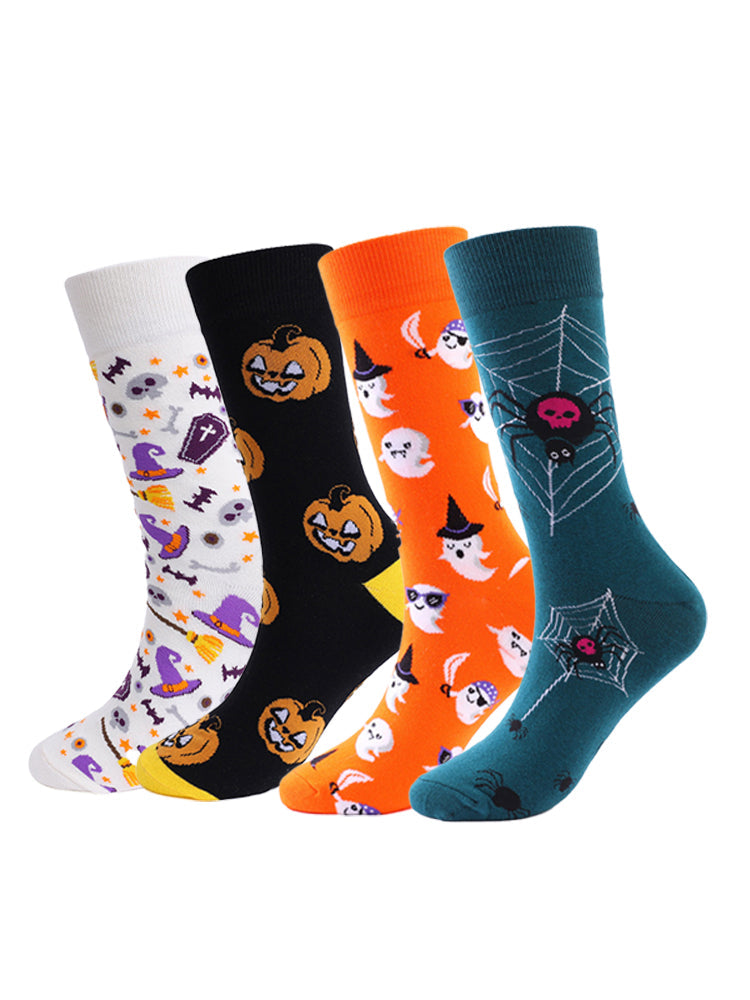 4 Pairs Pumpkin Personality Skeleton Cartoon Trendy Cotton Crew Socks | dmunderwear detail image 4