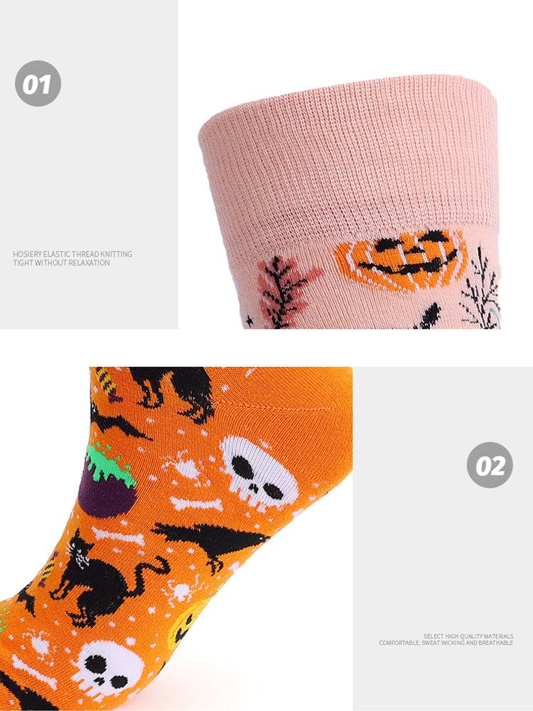 4 Pairs Pumpkin Personality Skeleton Cartoon Trendy Cotton Crew Socks | dmunderwear detail image 5