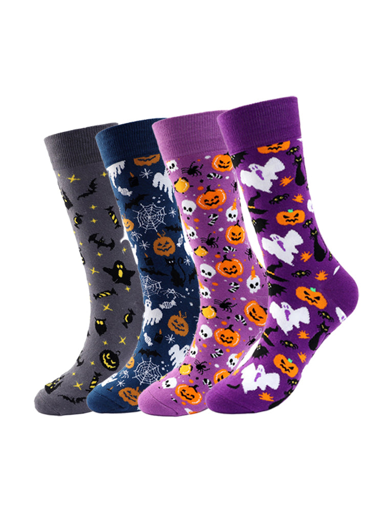 4 Pairs Pumpkin Personality Skeleton Cartoon Trendy Cotton Crew Socks | dmunderwear detail image 6