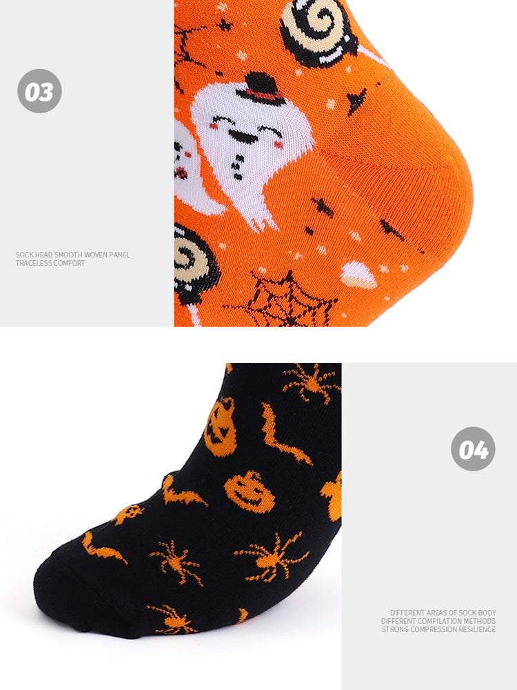 4 Pairs Pumpkin Personality Skeleton Cartoon Trendy Cotton Crew Socks | dmunderwear detail image 7