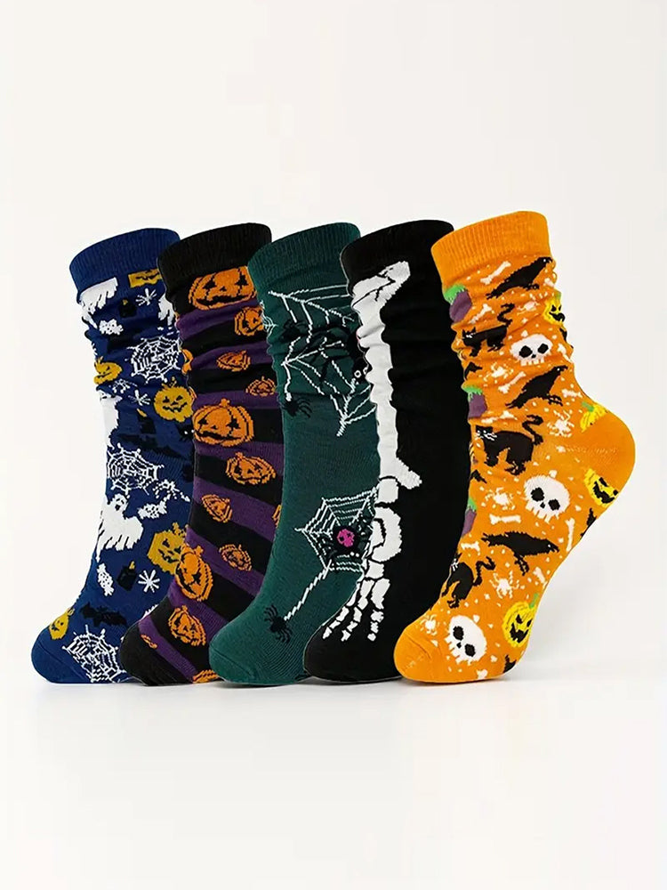 5 Pack Skull Pumpkin Cartoon Print Casual Crew Socks | dmunderwear