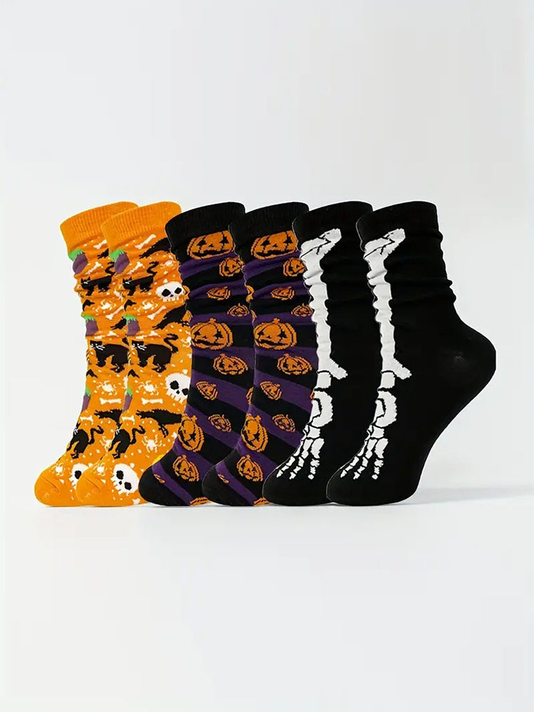 5 Pack Skull Pumpkin Cartoon Print Casual Crew Socks | dmunderwear detail image 3