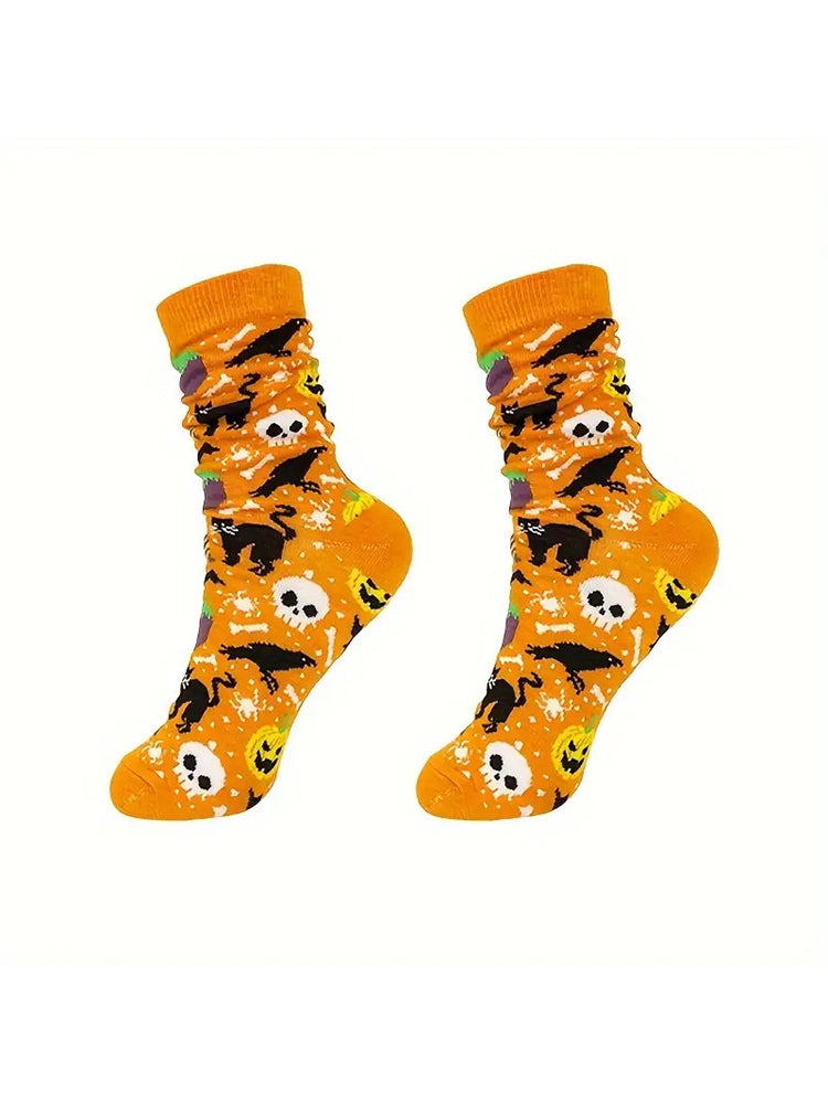 5 Pack Skull Pumpkin Cartoon Print Casual Crew Socks | dmunderwear detail image 4