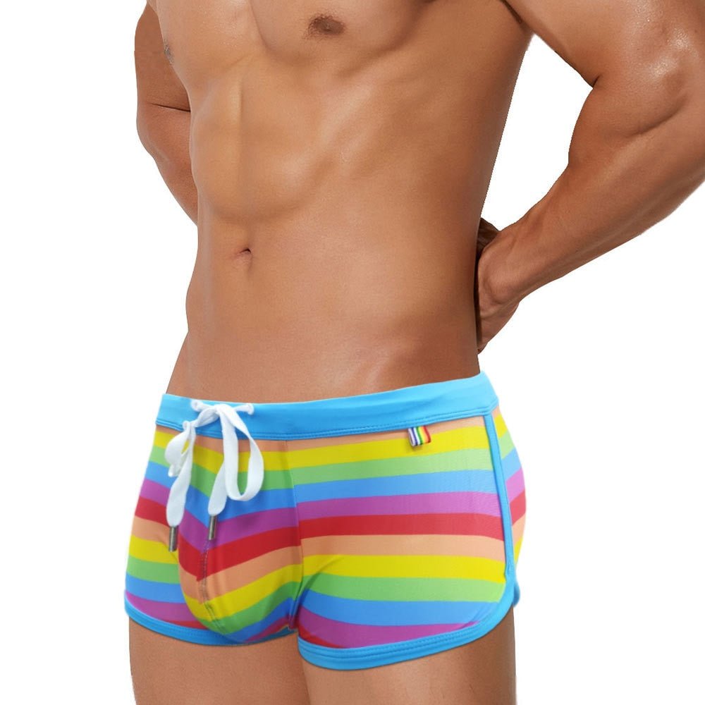 Baby Blue Rainbow Swim Trunks | dmunderwear detail image 4