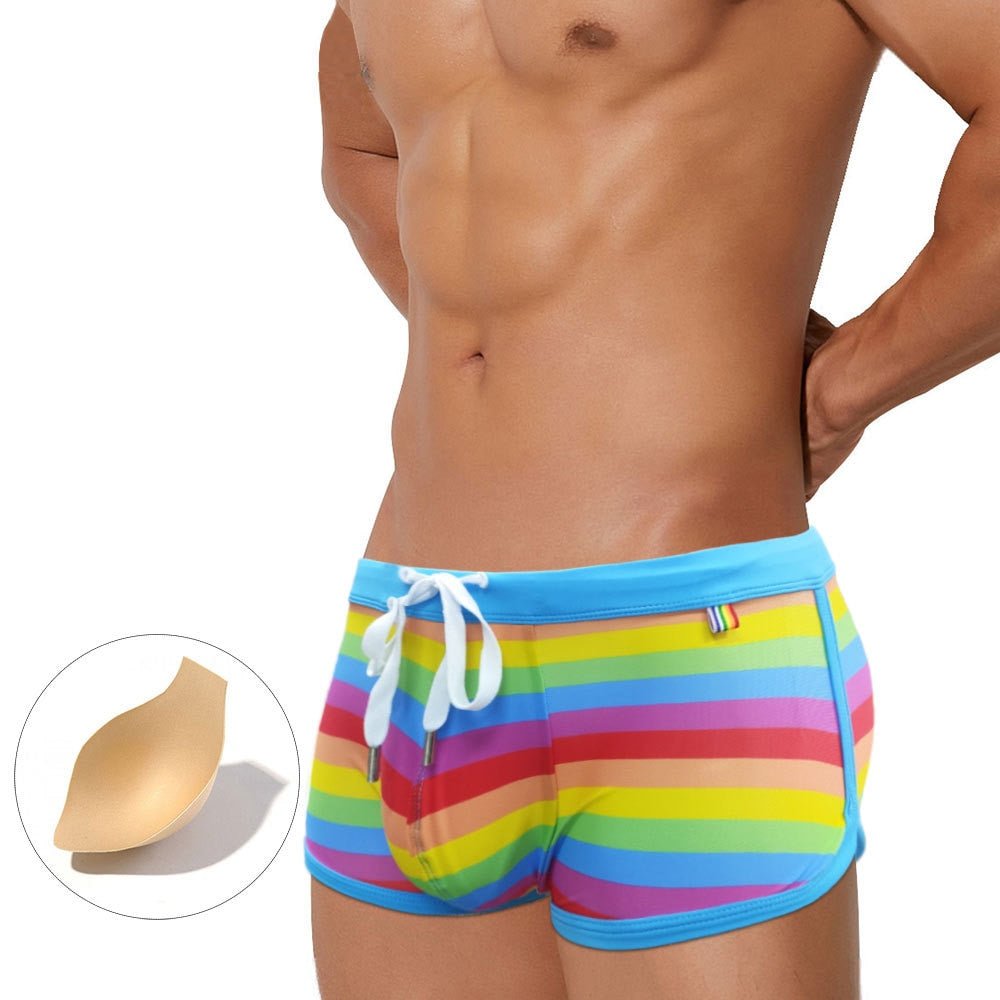 Baby Blue Rainbow Swim Trunks | dmunderwear detail image 6