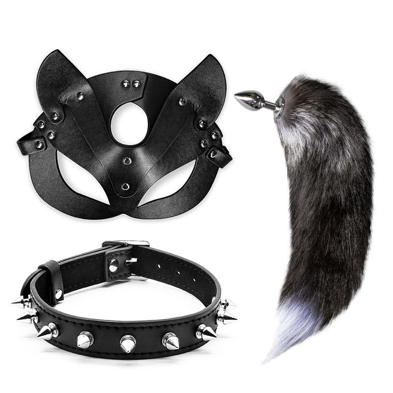 BDSM Furry Butt Plug Kit With Mask & Collar | dmunderwear