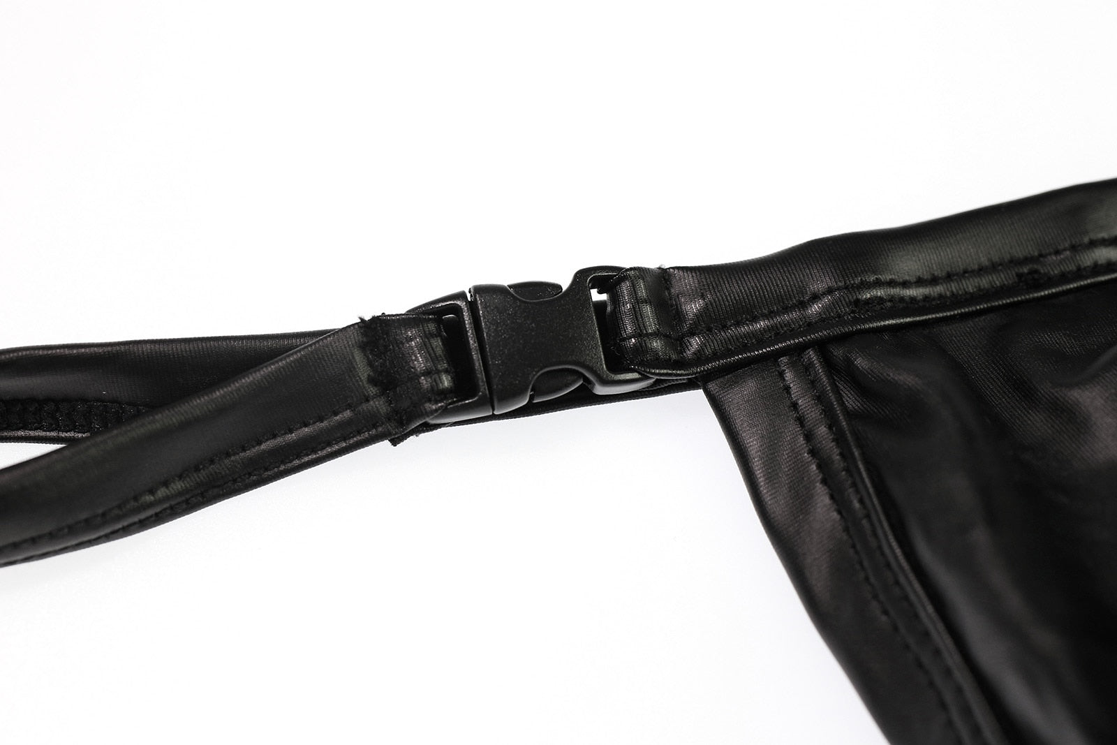 Black PU Leather Buckle-Up Thong | dmunderwear detail image 10