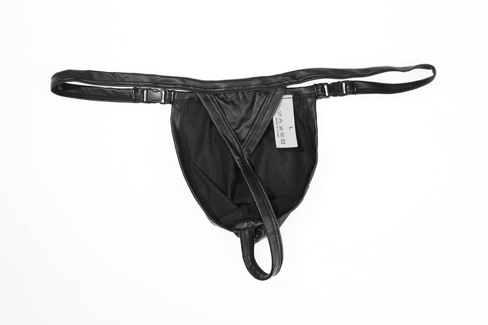 Black PU Leather Buckle-Up Thong | dmunderwear detail image 9