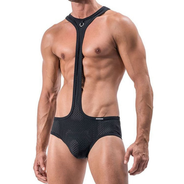 Black Breathable Mesh Gay Bodysuit | dmunderwear detail image 2