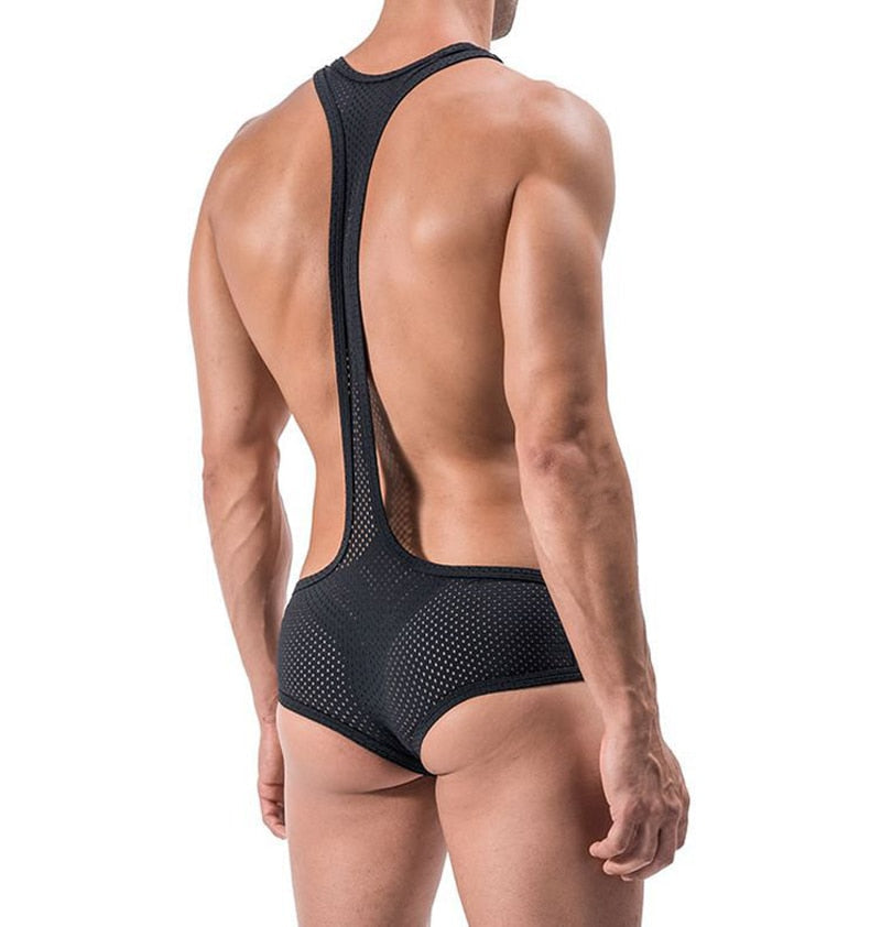 Black Breathable Mesh Gay Bodysuit | dmunderwear detail image 3