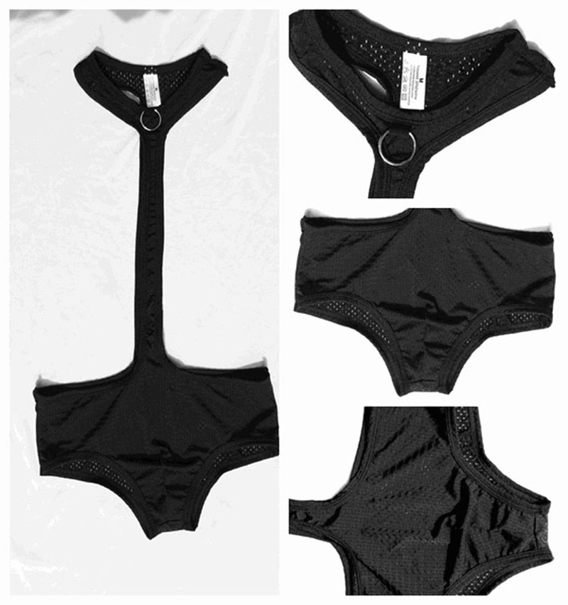Black Breathable Mesh Gay Bodysuit | dmunderwear detail image 8