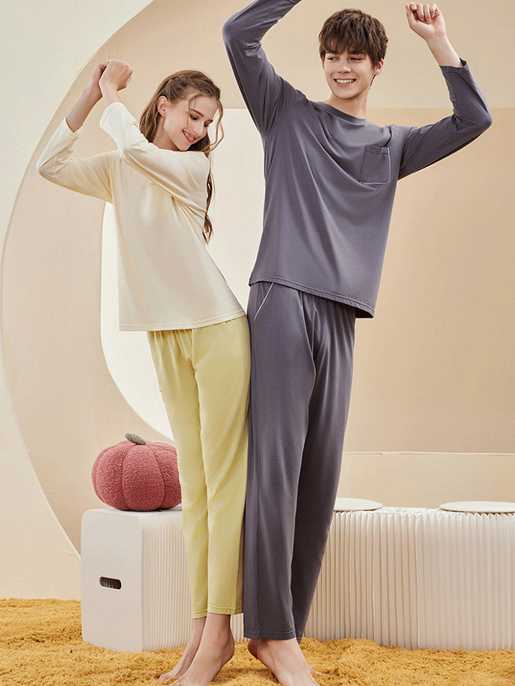 Comfortable Modal Cotton Long Sleeve Couple Pajama Set | dmunderwear
