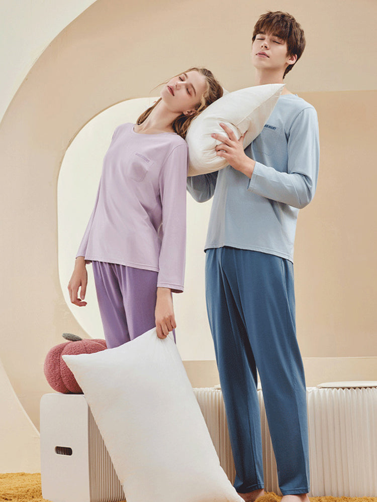 Comfortable Modal Cotton Long Sleeve Couple Pajama Set | dmunderwear detail image 3