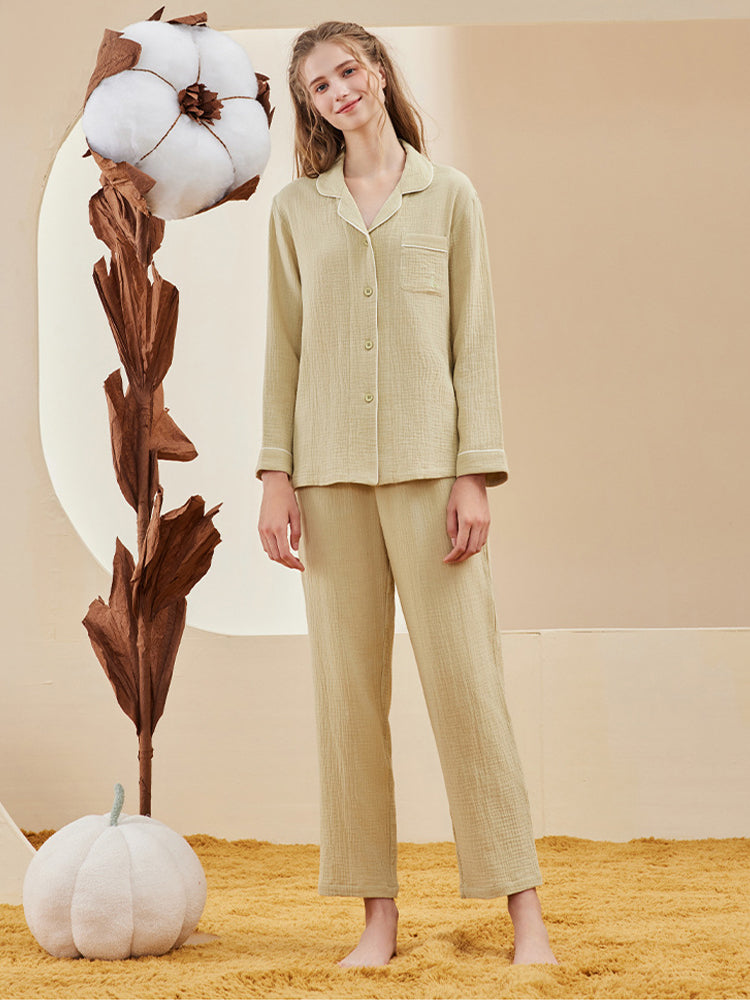 Double-layered Crepe 100% Cotton Solid Color Couple Pajamas Set | dmunderwear detail image 10