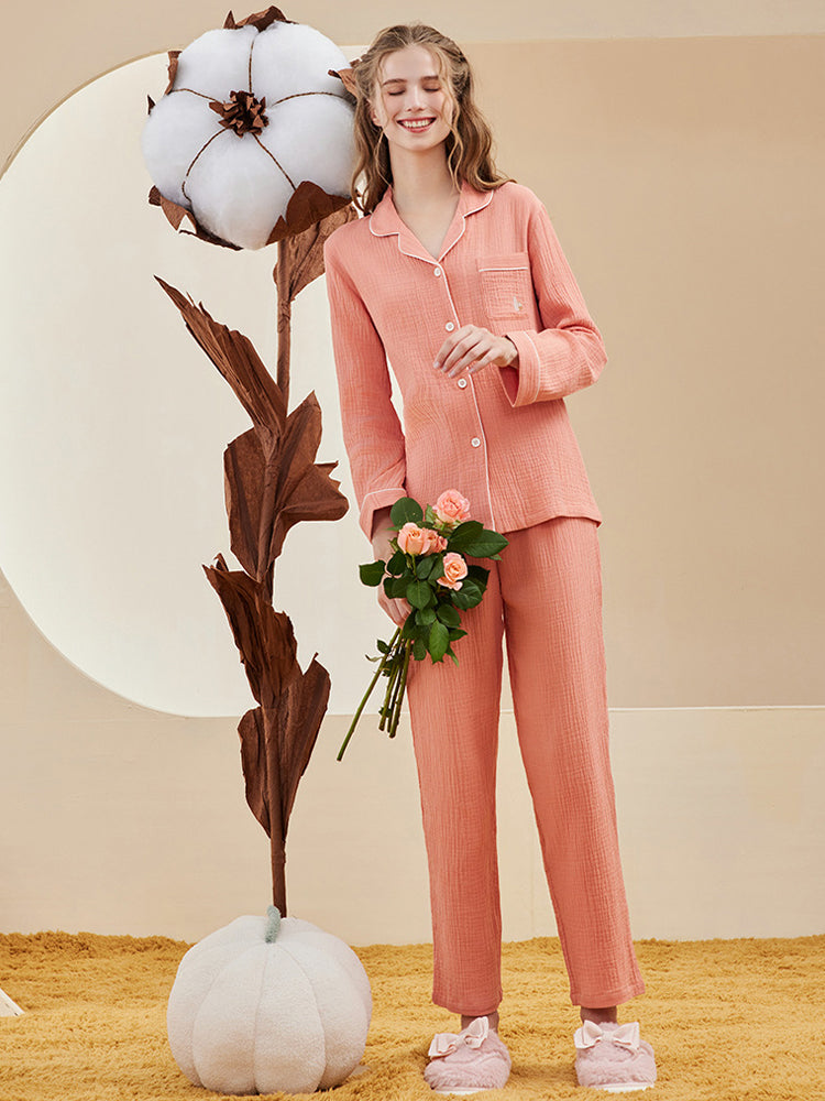 Double-layered Crepe 100% Cotton Solid Color Couple Pajamas Set | dmunderwear detail image 11