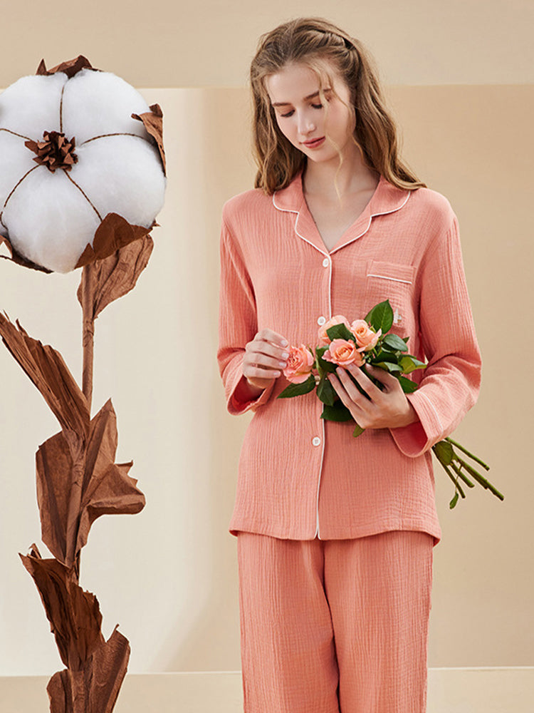 Double-layered Crepe 100% Cotton Solid Color Couple Pajamas Set | dmunderwear detail image 12