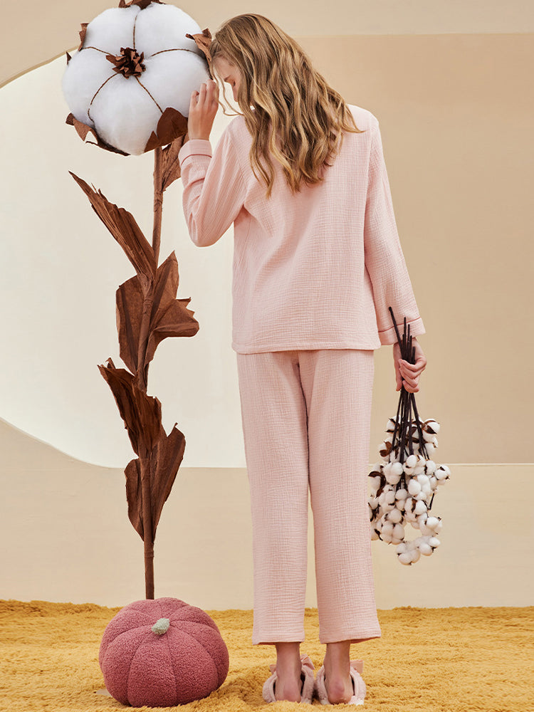 Double-layered Crepe 100% Cotton Solid Color Couple Pajamas Set | dmunderwear detail image 14