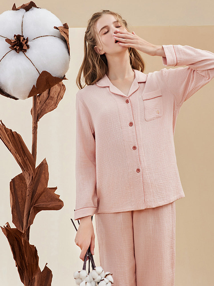 Double-layered Crepe 100% Cotton Solid Color Couple Pajamas Set | dmunderwear detail image 15