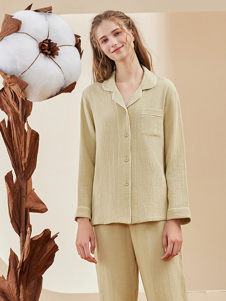 Double-layered Crepe 100% Cotton Solid Color Couple Pajamas Set | dmunderwear detail image 16