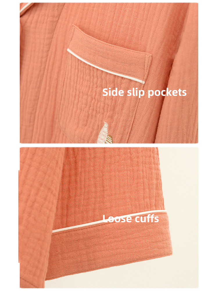 Double-layered Crepe 100% Cotton Solid Color Couple Pajamas Set | dmunderwear detail image 19