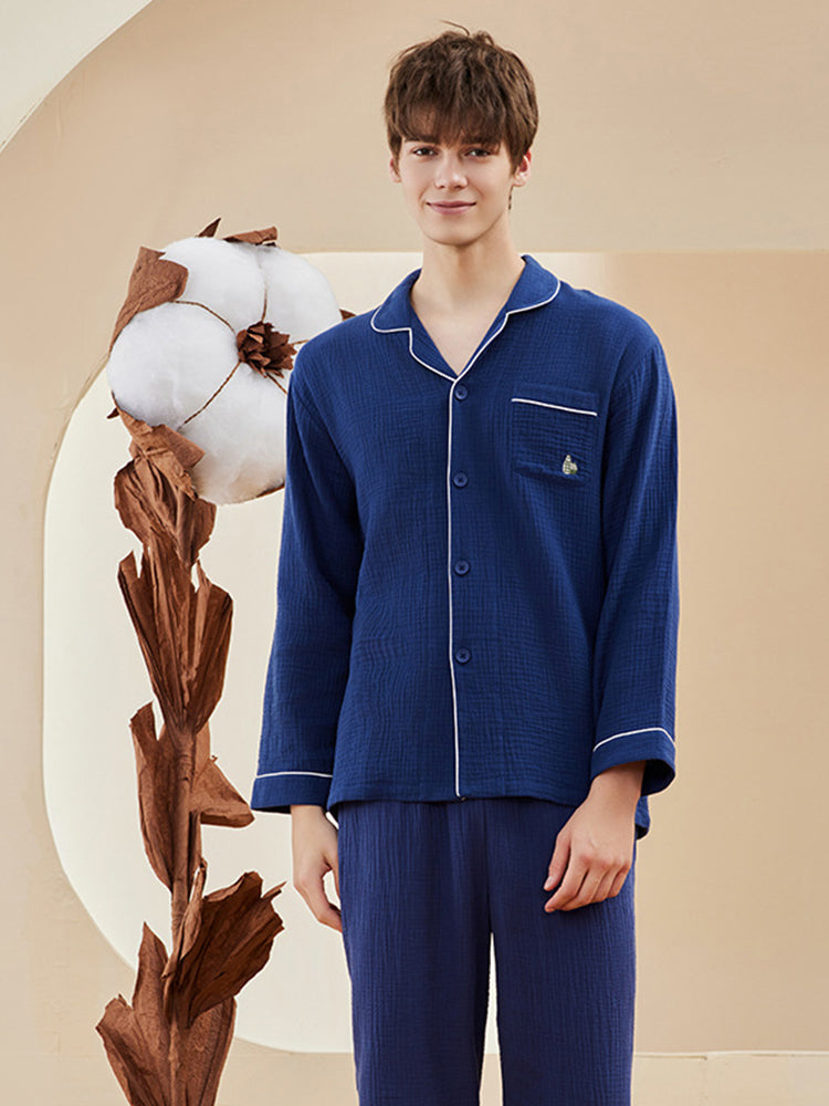 Double-layered Crepe 100% Cotton Solid Color Couple Pajamas Set | dmunderwear detail image 2