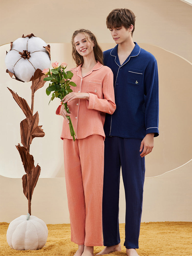 Double-layered Crepe 100% Cotton Solid Color Couple Pajamas Set | dmunderwear detail image 4