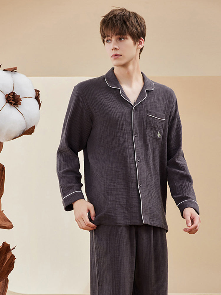 Double-layered Crepe 100% Cotton Solid Color Couple Pajamas Set | dmunderwear detail image 5